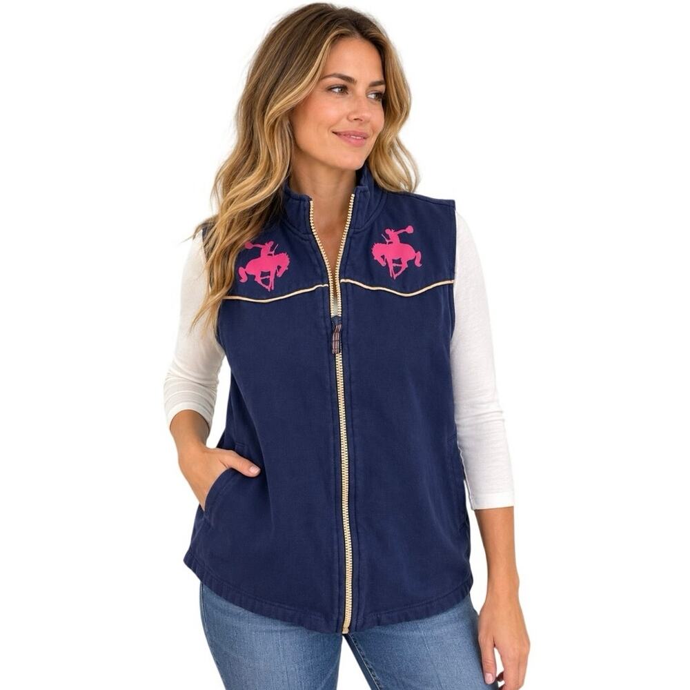 Wrangler Blues Womens Size Large Barn Vest Zip Up Blue Bucking Broncos Horse